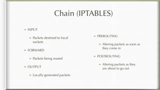 Chain (IPTABLES)
INPUT
Packets destined to local
sockets
FORWARD
Packets being routed
OUTPUT
Locally-generated packets
PREROUTING
Altering packets as soon as
they come in
POSTROUTING
Altering packets as they
are about to go out
 