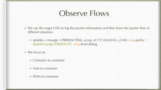 Observe Flows
We use the target LOG to log the packet information and then learn the packer ﬂow in
different situation.
iptables -t mangle -I PREROUTING -p tcp -d 172.18.0.0/16 -j LOG --log-preﬁx '/
iptable/mangle-PREROUTE' --log-level debug
We focus on
Container to container
Host to container
WAN to container
 