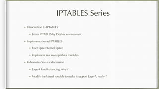 IPTABLES Series
Introduction to IPTABLES
Learn IPTABLES by Docker environment.
Implementation of IPTABLES
User Space/Kerne...