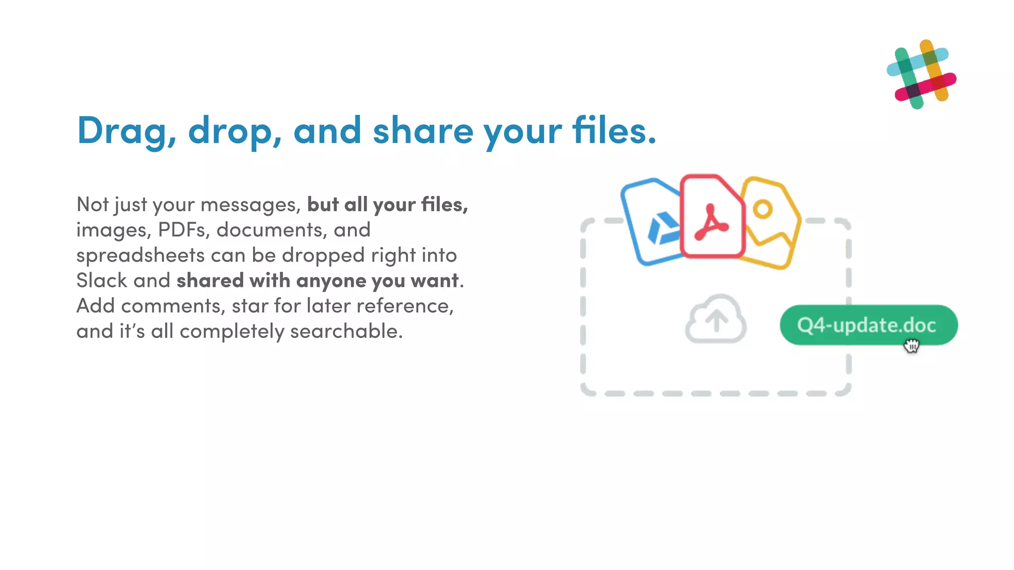 Drag, drop, and share your ﬁles.
Not just your messages, but all your ﬁles,
images, PDFs, documents, and
spreadsheets can be dropped right into
Slack and shared with anyone you want.
Add comments, star for later reference,
and it’s all completely searchable.
 