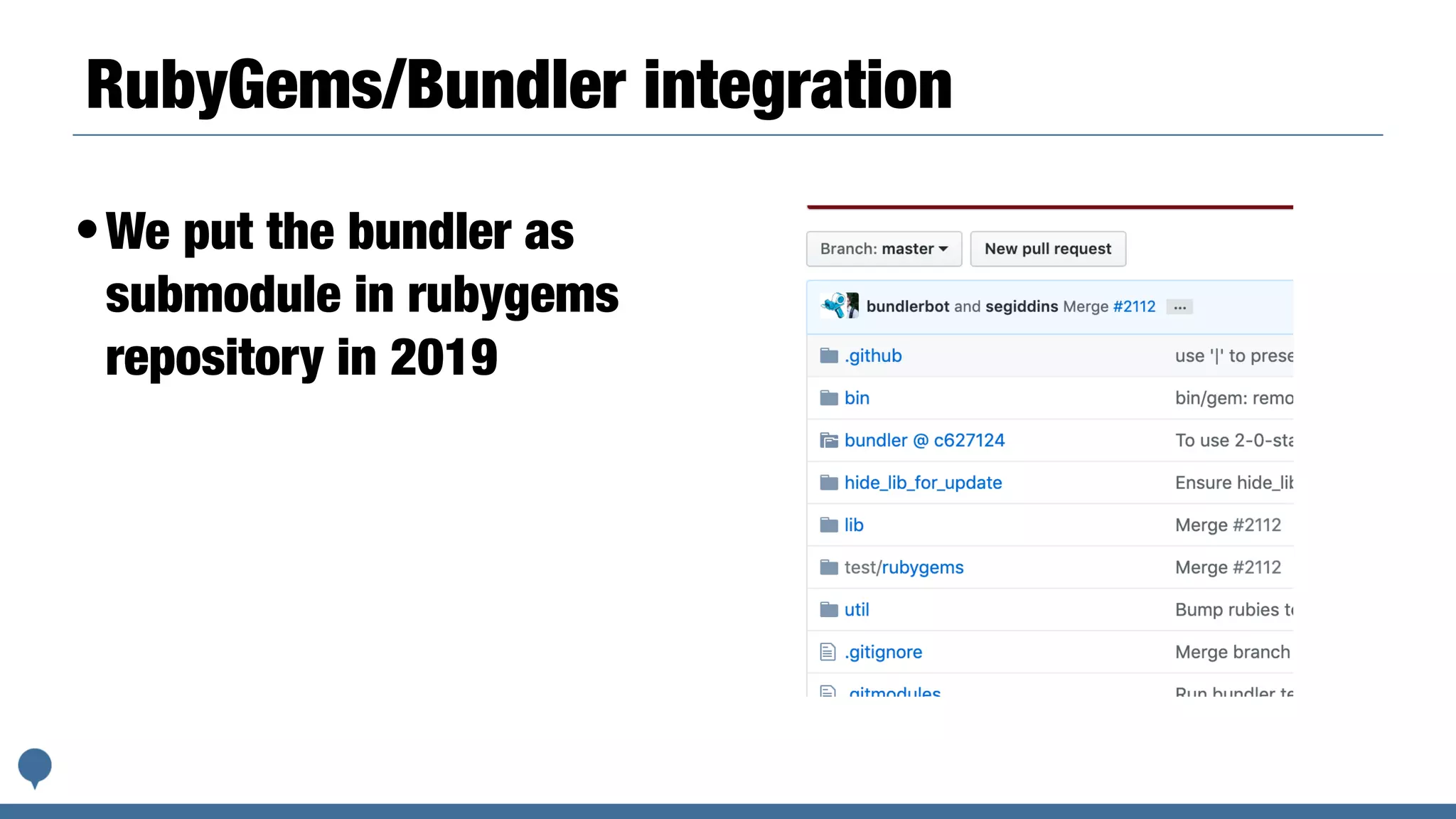RubyGems/Bundler integration
•We put the bundler as
submodule in rubygems
repository in 2019
 