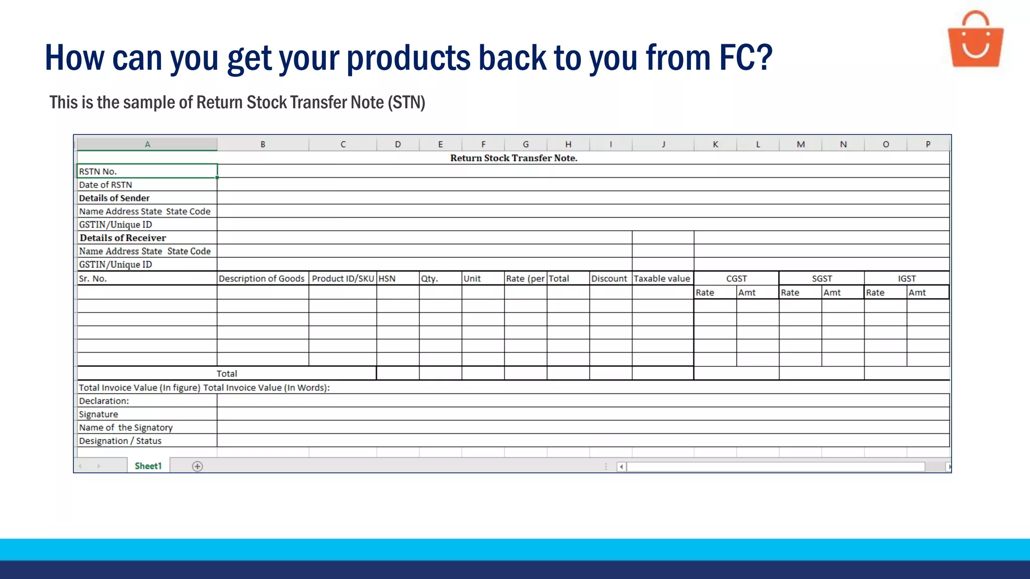How can you get your products back to you from FC?
This is the sample of Return Stock Transfer Note (STN)
Fill the STN along with your signature and
stamp
 