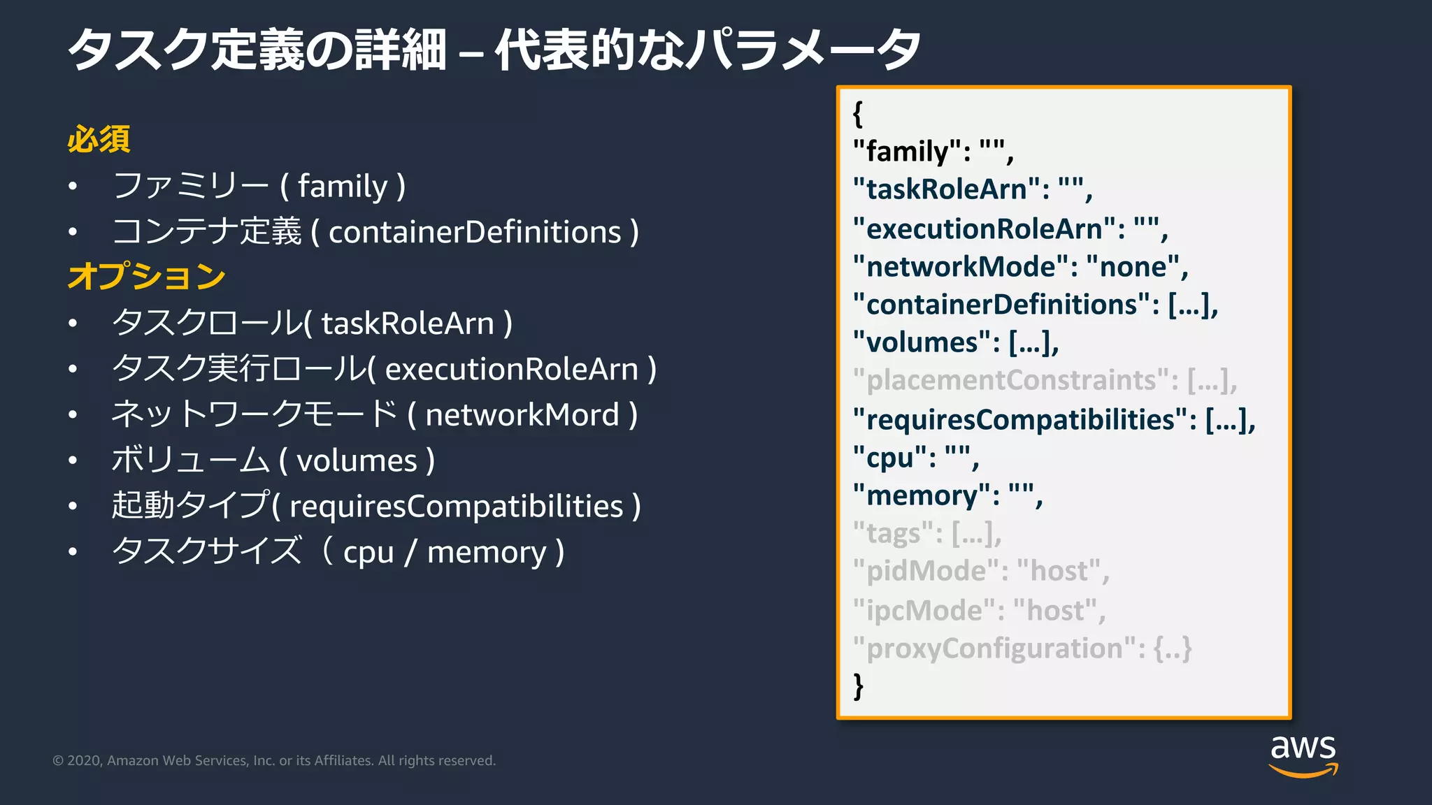 © 2020, Amazon Web Services, Inc. or its Affiliates. All rights reserved.
タスク定義の詳細 – 代表的なパラメータ
必須
• ファミリー ( family )
• コンテナ定義 ( containerDefinitions )
オプション
• タスクロール( taskRoleArn )
• タスク実⾏ロール( executionRoleArn )
• ネットワークモード ( networkMord )
• ボリューム ( volumes )
• 起動タイプ( requiresCompatibilities )
• タスクサイズ（ cpu / memory )
{
"family": "",
"taskRoleArn": "",
"executionRoleArn": "",
"networkMode": "none",
"containerDefinitions": […],
"volumes": […],
"placementConstraints": […],
"requiresCompatibilities": […],
"cpu": "",
"memory": "",
"tags": […],
"pidMode": "host",
"ipcMode": "host",
"proxyConfiguration": {..}
}
 