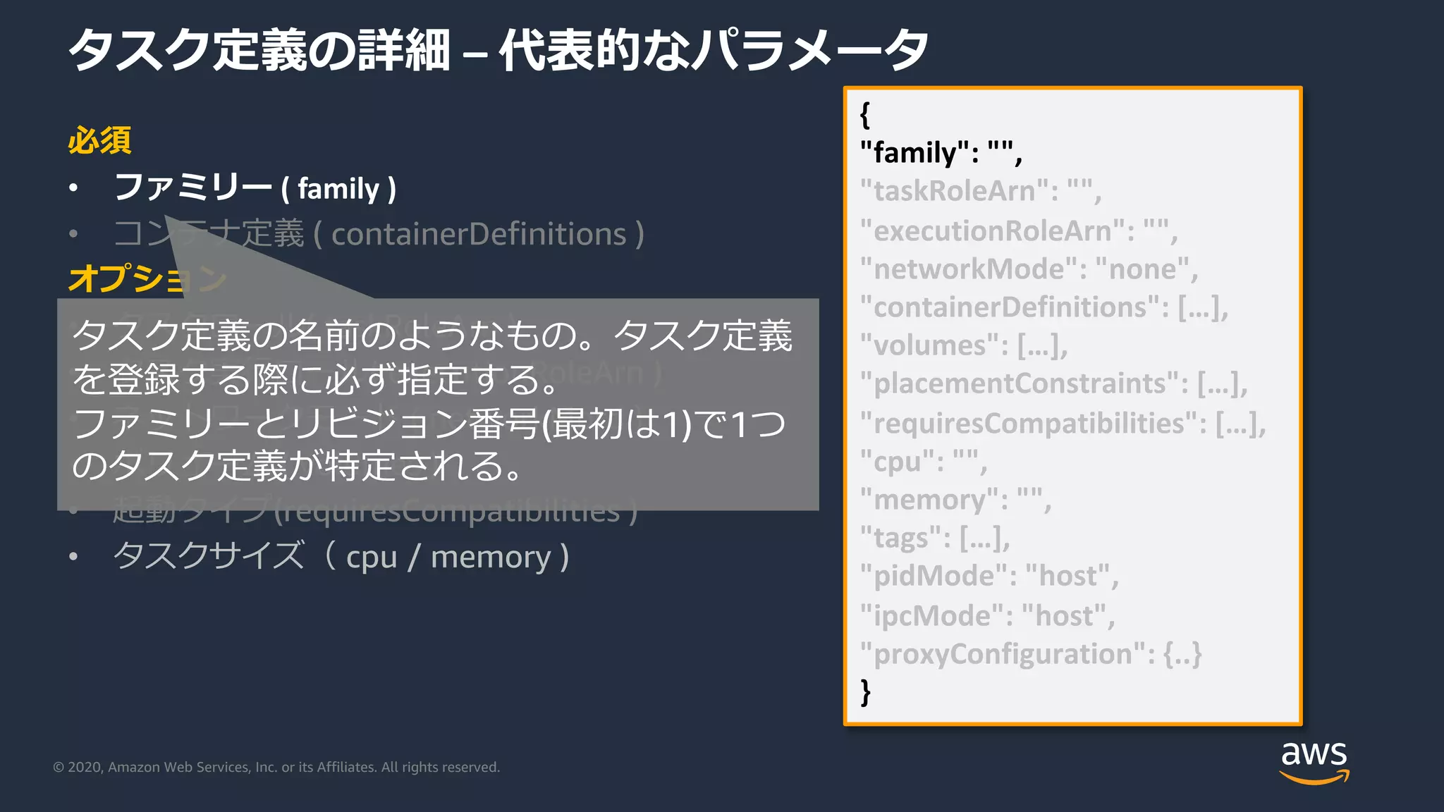 © 2020, Amazon Web Services, Inc. or its Affiliates. All rights reserved.
タスク定義の詳細 – 代表的なパラメータ
必須
• ファミリー ( family )
• コンテナ定義 ( containerDefinitions )
オプション
• タスクロール( taskRoleArn )
• タスク実⾏ロール( executionRoleArn )
• ネットワークモード ( networkMord )
• ボリューム ( volumes )
• 起動タイプ(requiresCompatibilities )
• タスクサイズ（ cpu / memory )
{
"family": "",
"taskRoleArn": "",
"executionRoleArn": "",
"networkMode": "none",
"containerDefinitions": […],
"volumes": […],
"placementConstraints": […],
"requiresCompatibilities": […],
"cpu": "",
"memory": "",
"tags": […],
"pidMode": "host",
"ipcMode": "host",
"proxyConfiguration": {..}
}
タスク定義の名前のようなもの。タスク定義
を登録する際に必ず指定する。
ファミリーとリビジョン番号(最初は1)で1つ
のタスク定義が特定される。
 