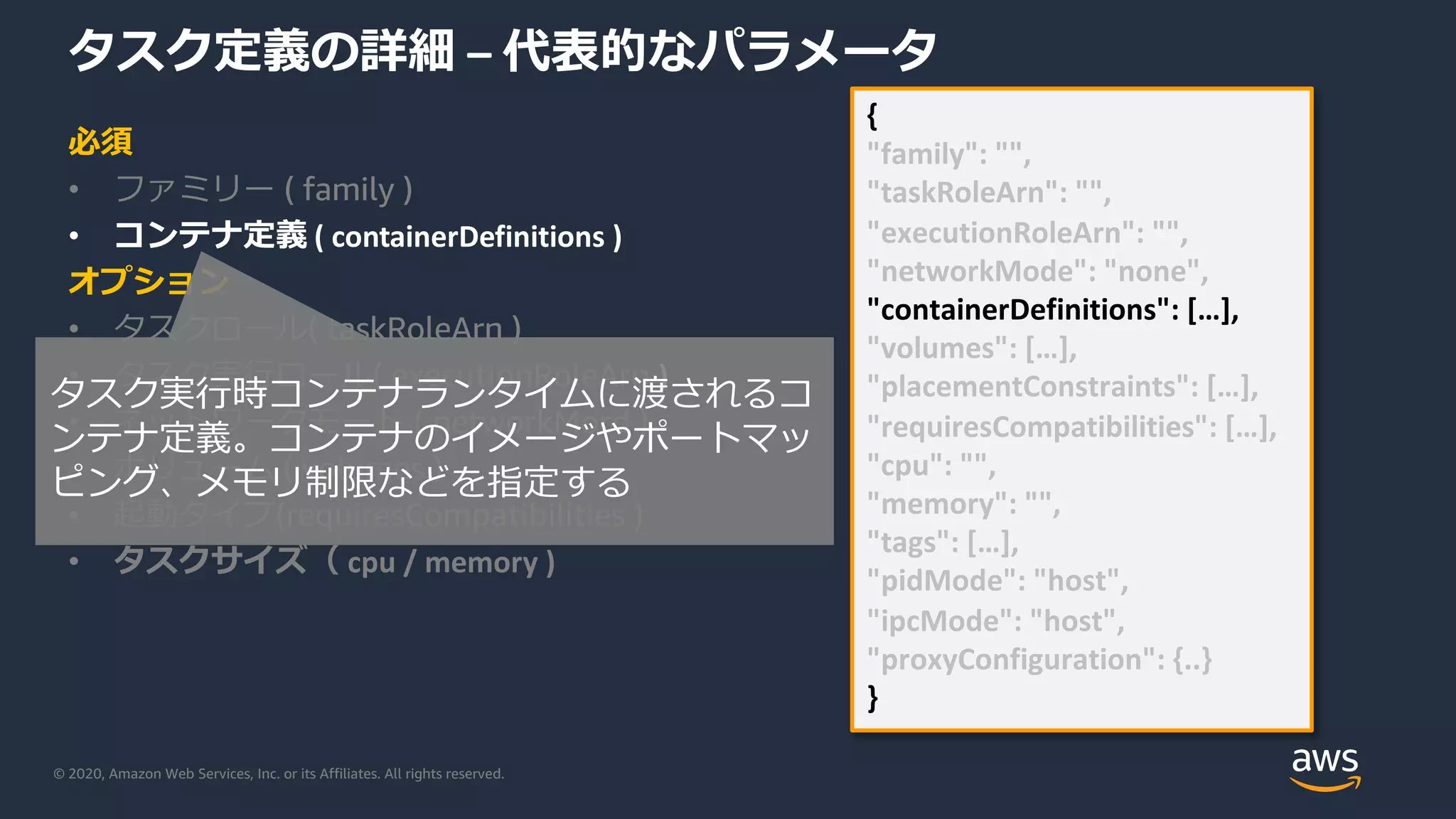 © 2020, Amazon Web Services, Inc. or its Affiliates. All rights reserved.
タスク定義の詳細 – 代表的なパラメータ
必須
• ファミリー ( family )
• コンテナ定義 ( containerDefinitions )
オプション
• タスクロール( taskRoleArn )
• タスク実⾏ロール( executionRoleArn )
• ネットワークモード ( networkMord )
• ボリューム ( volumes )
• 起動タイプ(requiresCompatibilities )
• タスクサイズ（ cpu / memory )
{
"family": "",
"taskRoleArn": "",
"executionRoleArn": "",
"networkMode": "none",
"containerDefinitions": […],
"volumes": […],
"placementConstraints": […],
"requiresCompatibilities": […],
"cpu": "",
"memory": "",
"tags": […],
"pidMode": "host",
"ipcMode": "host",
"proxyConfiguration": {..}
}
タスク実⾏時コンテナランタイムに渡されるコ
ンテナ定義。コンテナのイメージやポートマッ
ピング、メモリ制限などを指定する
 