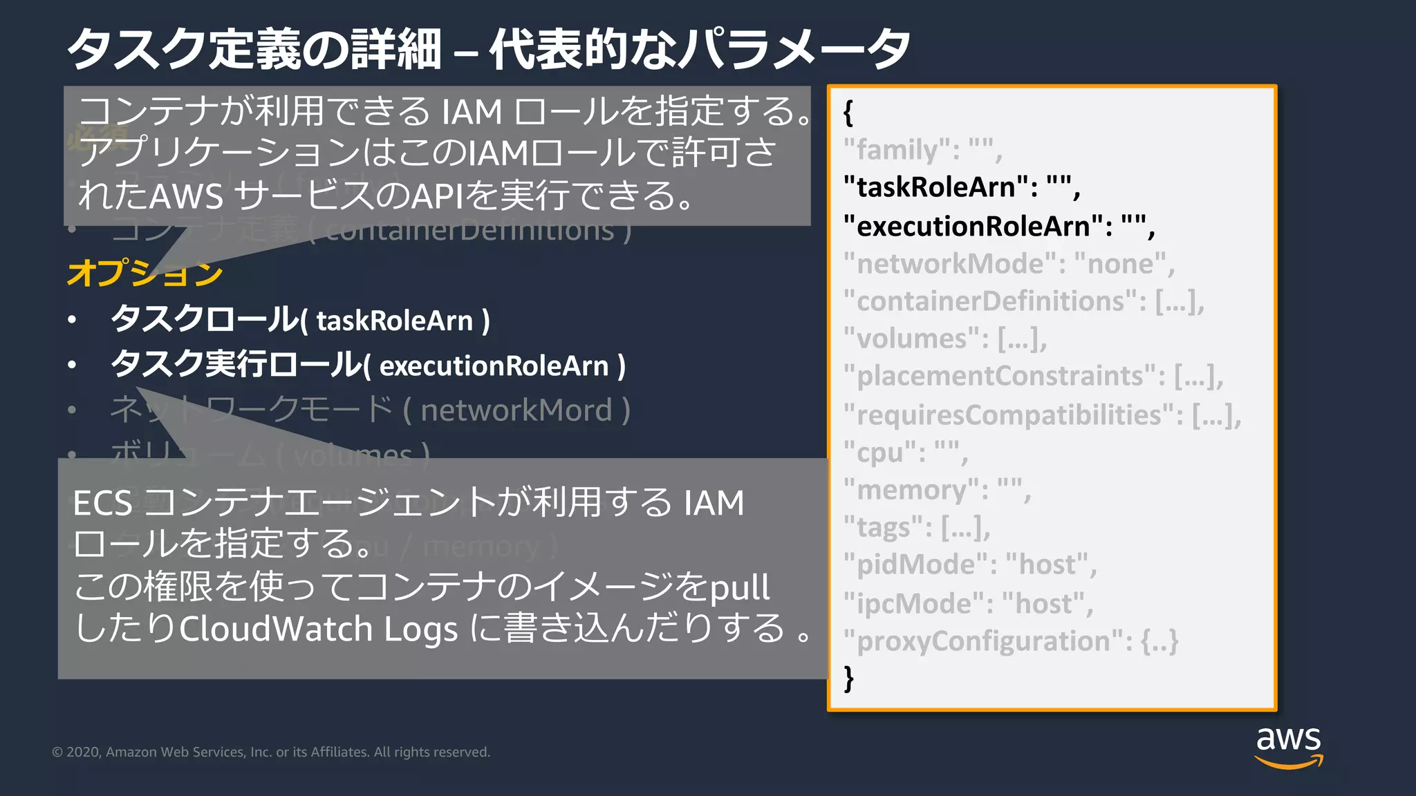 © 2020, Amazon Web Services, Inc. or its Affiliates. All rights reserved.
タスク定義の詳細 – 代表的なパラメータ
必須
• ファミリー ( family )
• コンテナ定義 ( containerDefinitions )
オプション
• タスクロール( taskRoleArn )
• タスク実⾏ロール( executionRoleArn )
• ネットワークモード ( networkMord )
• ボリューム ( volumes )
• 起動タイプ(requiresCompatibilities )
• タスクサイズ（ cpu / memory )
{
"family": "",
"taskRoleArn": "",
"executionRoleArn": "",
"networkMode": "none",
"containerDefinitions": […],
"volumes": […],
"placementConstraints": […],
"requiresCompatibilities": […],
"cpu": "",
"memory": "",
"tags": […],
"pidMode": "host",
"ipcMode": "host",
"proxyConfiguration": {..}
}
コンテナが利⽤できる IAM ロールを指定する。
アプリケーションはこのIAMロールで許可さ
れたAWS サービスのAPIを実⾏できる。
ECS コンテナエージェントが利⽤する IAM
ロールを指定する。
この権限を使ってコンテナのイメージをpull
したりCloudWatch Logs に書き込んだりする 。
 