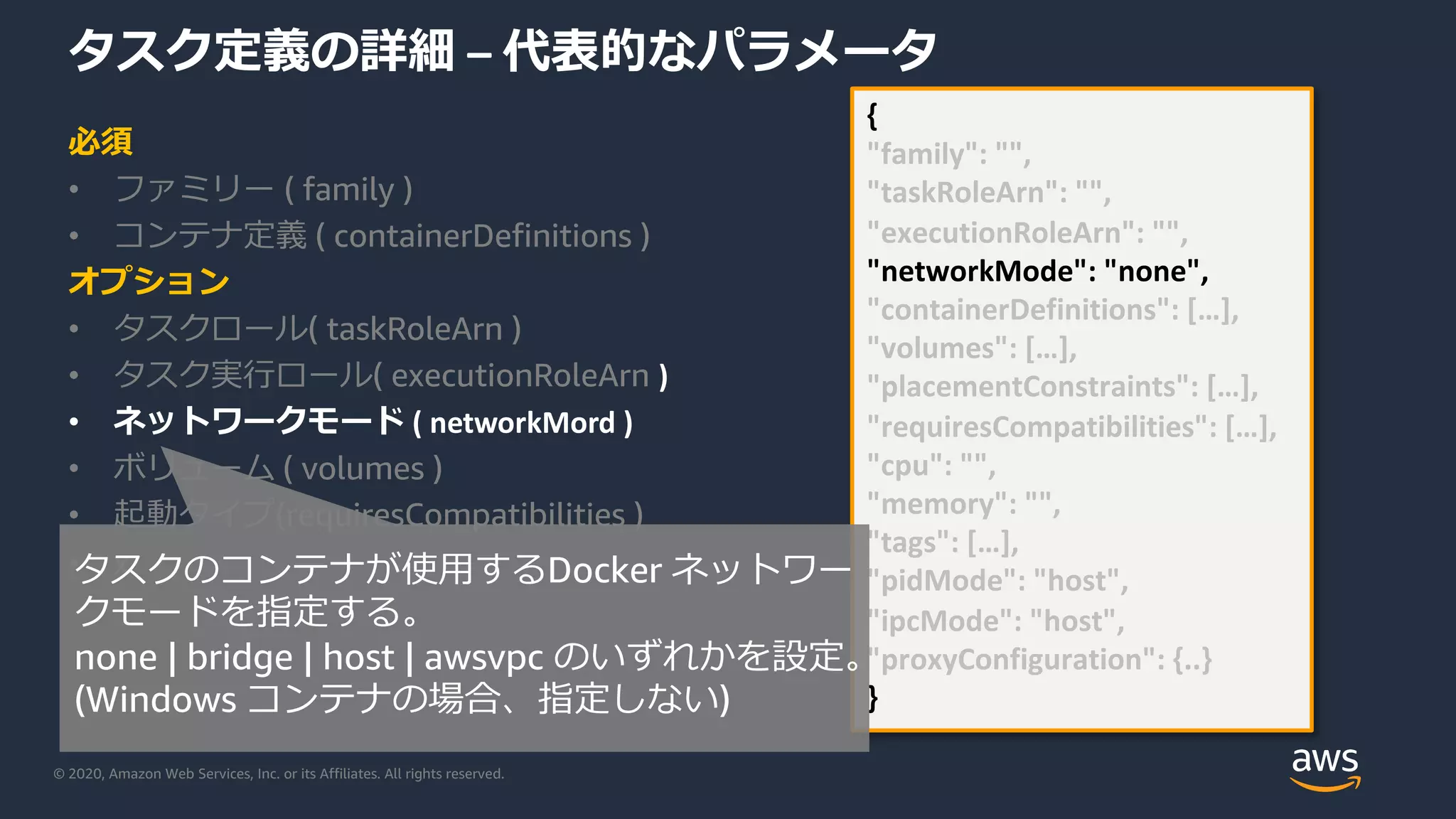 © 2020, Amazon Web Services, Inc. or its Affiliates. All rights reserved.
タスク定義の詳細 – 代表的なパラメータ
必須
• ファミリー ( family )
• コンテナ定義 ( containerDefinitions )
オプション
• タスクロール( taskRoleArn )
• タスク実⾏ロール( executionRoleArn )
• ネットワークモード ( networkMord )
• ボリューム ( volumes )
• 起動タイプ(requiresCompatibilities )
• x
{
"family": "",
"taskRoleArn": "",
"executionRoleArn": "",
"networkMode": "none",
"containerDefinitions": […],
"volumes": […],
"placementConstraints": […],
"requiresCompatibilities": […],
"cpu": "",
"memory": "",
"tags": […],
"pidMode": "host",
"ipcMode": "host",
"proxyConfiguration": {..}
}
タスクのコンテナが使⽤するDocker ネットワー
クモードを指定する。
none | bridge | host | awsvpc のいずれかを設定。
(Windows コンテナの場合、指定しない)
 