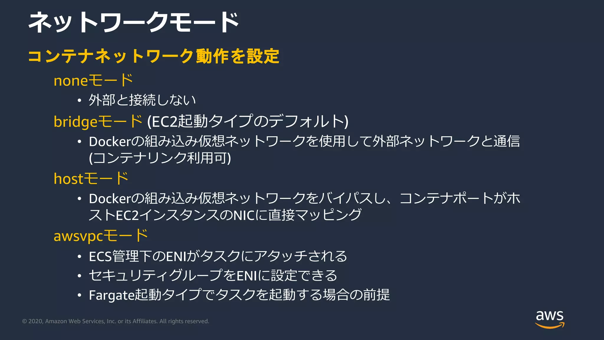 © 2020, Amazon Web Services, Inc. or its Affiliates. All rights reserved.
ネットワークモード
noneモード
• 外部と接続しない
bridgeモード (EC2起動タイプのデフォルト)
• Dockerの組み込み仮想ネットワークを使⽤して外部ネットワークと通信
(コンテナリンク利⽤可)
hostモード
• Dockerの組み込み仮想ネットワークをバイパスし、コンテナポートがホ
ストEC2インスタンスのNICに直接マッピング
awsvpcモード
• ECS管理下のENIがタスクにアタッチされる
• セキュリティグループをENIに設定できる
• Fargate起動タイプでタスクを起動する場合の前提
コンテナネットワーク動作を設定
 