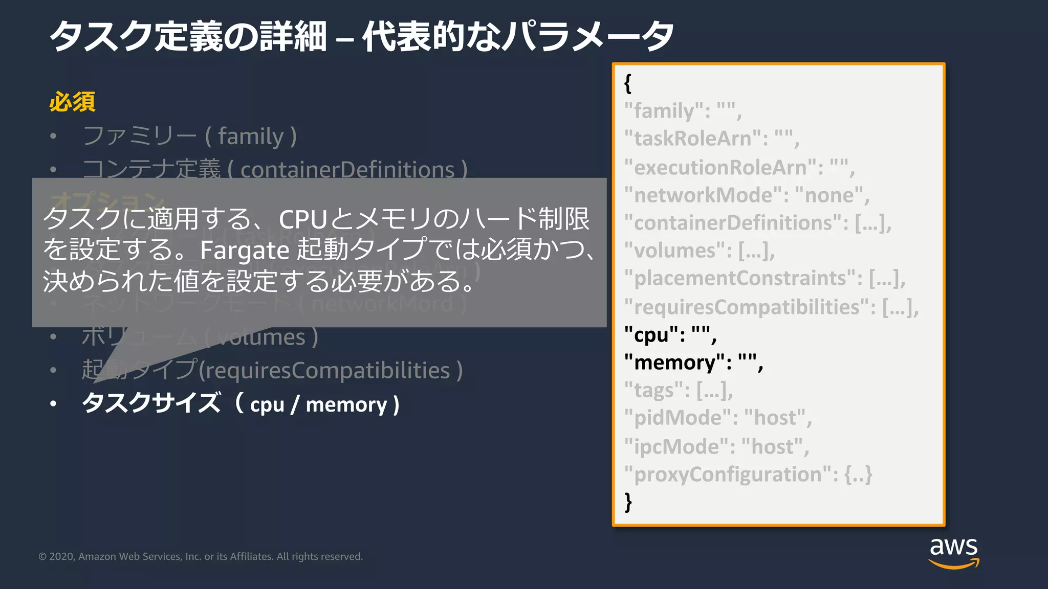 © 2020, Amazon Web Services, Inc. or its Affiliates. All rights reserved.
タスク定義の詳細 – 代表的なパラメータ
必須
• ファミリー ( family )
• コンテナ定義 ( containerDefinitions )
オプション
• タスクロール( taskRoleArn )
• タスク実⾏ロール( executionRoleArn )
• ネットワークモード ( networkMord )
• ボリューム ( volumes )
• 起動タイプ(requiresCompatibilities )
• タスクサイズ（ cpu / memory )
{
"family": "",
"taskRoleArn": "",
"executionRoleArn": "",
"networkMode": "none",
"containerDefinitions": […],
"volumes": […],
"placementConstraints": […],
"requiresCompatibilities": […],
"cpu": "",
"memory": "",
"tags": […],
"pidMode": "host",
"ipcMode": "host",
"proxyConfiguration": {..}
}
タスクに適⽤する、CPUとメモリのハード制限
を設定する。Fargate 起動タイプでは必須かつ、
決められた値を設定する必要がある。
 