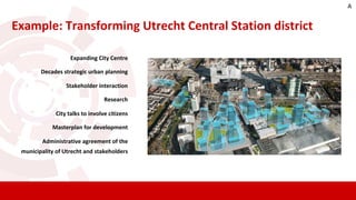 Expanding City Centre
Decades strategic urban planning
Stakeholder interaction
Research
City talks to involve citizens
Masterplan for development
Administrative agreement of the
municipality of Utrecht and stakeholders
Example: Transforming Utrecht Central Station district
A
 
