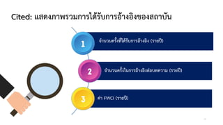Cited: แสดงภาพรวมการไดรับการอางอิงของสถาบัน
จํานวนครั้งที่ไดรับการอางอิง (รายป)
จํานวนครั้งในการอางอิงตอบทความ (รายป)
คา FWCI (รายป)
23
 