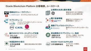 高級品のトレーサビリティー
ダイヤモンドのトラッキング
銀行のKYC/マネーロンダリング対策
マルチエンティティに
おけるKYCシステム
フランスの
大手国際銀行
複数ブランドのロイヤリティー
既存ロイヤルティポイントのトークン
化
原油開発のサプライチェーン、物流
デジタル、自動化、セルフ化
されたサプライチェーン
北欧の大手
E&P Oil Co.
企業間の決済と請求業務
複数のERPにおける請求と
決済のための企業間台帳
サプライチェーン
サスティナブルなEVバッテリー（コバル
ト）のトラッキング
有価証券仲介取引
顧客分散台帳 & 取引管理大手年金投資
ファンド
KNOW YOUR SUPPLIER
サプライヤーの認証、
登録、検証
大手自動車会社
電子医療情報
複数プロバイダをまたいだ
医療情報の一元ビュー
Oracle Blockchain Platform お客様例、ユースケース
10 Copyright © 2020, Oracle and/or its affiliates. All rights reserved.
 