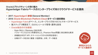 • 2017：Hyperledgerに参画（General Member）
• 2018：Oracle Blockchain Platform Cloud をサービス提供開始
• Hyperledger Fabricがベース、エンタープライズ向けのフルマネージドサービス
• 数ステップで構築完了、GUIコンソールで管理・運用も容易
• Oracle独自の付加価値：
- State DBとしてBerkeley DBを利用：
パフォーマンスとクエリ利便性向上と、Phantom Read問題に係る制約も解消
- 多機能なREST API：スマートコントラクトの利用を容易に
- 台帳のデータをDBに複製：大量照会、分析、データ統合
Oracleとブロックチェーンの取り組み
Hyperledger Fabricベースのエンタープライズ向けクラウドサービスを提供
東京DCからも
サービス提供中
5 Copyright © 2020, Oracle and/or its affiliates. All rights reserved.
 