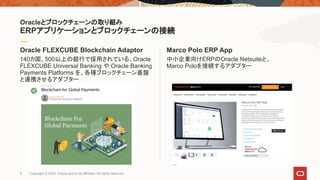 Marco Polo ERP App
中小企業向けERPのOracle Netsuiteと、
Marco Poloを接続するアダプター
Oracle FLEXCUBE Blockchain Adaptor
140カ国、500以上の銀行で採用されている、Oracle
FLEXCUBE Universal Banking や Oracle Banking
Payments Platforms を、各種ブロックチェーン基盤
と連携させるアダプター
Oracleとブロックチェーンの取り組み
ERPアプリケーションとブロックチェーンの接続
6 Copyright © 2020, Oracle and/or its affiliates. All rights reserved.
 