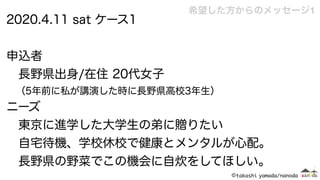 2020.4.11 sat ケース1
申込者
 長野県出身/在住 20代女子
 （5年前に私が講演した時に長野県高校3年生）
ニーズ
 東京に進学した大学生の弟に贈りたい
 自宅待機、学校休校で健康とメンタルが心配。
 長野県の野菜でこの機会に自炊をしてほしい。
 希望した方からのメッセージ1
 