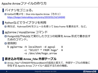 Apache Arrowファイルの作り方
▌バイナリをゴニョる。
 KaiGaiの俺メモ：Dive into Apache Arrow（その１）
https://kaigai.hatenablog.com/entry/2019/01/14/144040
▌Pythonなどでライブラリを利用
 例えば、PyArrowのIPCモジュールを使って Data Frame を書き出す、など。
▌pg2arrow / mysql2arrow コマンド
 PostgreSQLやMySQLで実行したクエリの結果を Arrow 形式で書き出す
ためのコマンド。
 使用例）
% pg2arrow -h localhost -d pgsql ¥
-c ‘SELECT * FROM hoge’ ¥
-o /dev/shm/hoge.arrow
▌書き込み可能 Arrow_Fdw 外部テーブル
 Arrow_FdwへのINSERTをRecordBatchの追加と捉えて、外部テーブルの背後に
存在する Apache Arrow ファイルへ追記するための機能。
PostgreSQL Unconference Apr-20208
 