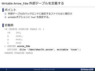 Writable Arrow_Fdw 外部テーブルを定義する
▌ポイント
① 外部テーブルのバックエンドに指定するファイルは１個だけ
② writableオプションに ‘true’ を指定する。
▌定義例
=# CREATE FOREIGN TABLE ft (
id int,
x real,
y real,
z real
) SERVER arrow_fdw
OPTIONS (file '/dev/shm/ft.arrow', writable 'true');
CREATE FOREIGN TABLE
PostgreSQL Unconference Apr-20209
 