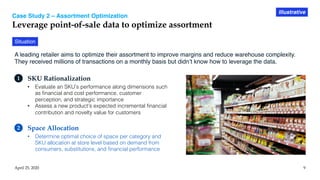 Case Study 2 – Assortment Optimization
Leverage point-of-sale data to optimize assortment
April 25, 2020 9
Illustrative
A leading retailer aims to optimize their assortment to improve margins and reduce warehouse complexity.
They received millions of transactions on a monthly basis but didn’t know how to leverage the data.
Situation
1 SKU Rationalization
• Evaluate an SKU’s performance along dimensions such
as financial and cost performance, customer
perception, and strategic importance
• Assess a new product’s expected incremental financial
contribution and novelty value for customers
2 Space Allocation
• Determine optimal choice of space per category and
SKU allocation at store level based on demand from
consumers, substitutions, and financial performance
 