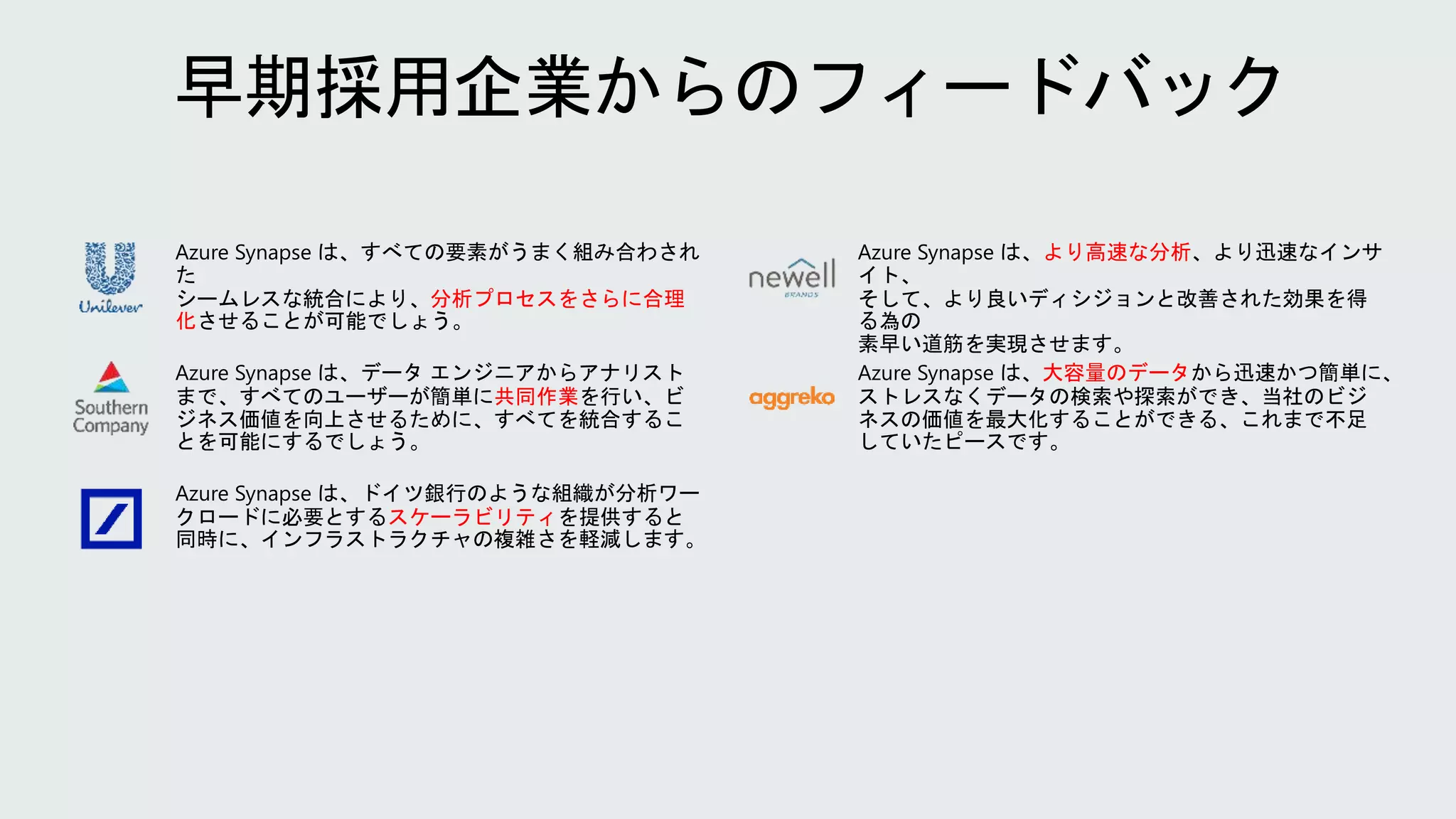 Azure Synapse は、すべての要素がうまく組み合わされ
た
シームレスな統合により、分析プロセスをさらに合理
化させることが可能でしょう。
Azure Synapse は、データ エンジニアからアナリスト
まで、すべてのユーザーが簡単に共同作業を行い、ビ
ジネス価値を向上させるために、すべてを統合するこ
とを可能にするでしょう。
Azure Synapse は、ドイツ銀行のような組織が分析ワー
クロードに必要とするスケーラビリティを提供すると
同時に、インフラストラクチャの複雑さを軽減します。
Azure Synapse は、より高速な分析、より迅速なインサ
イト、
そして、より良いディシジョンと改善された効果を得
る為の
素早い道筋を実現させます。
Azure Synapse は、大容量のデータから迅速かつ簡単に、
ストレスなくデータの検索や探索ができ、当社のビジ
ネスの価値を最大化することができる、これまで不足
していたピースです。
早期採用企業からのフィードバック
 