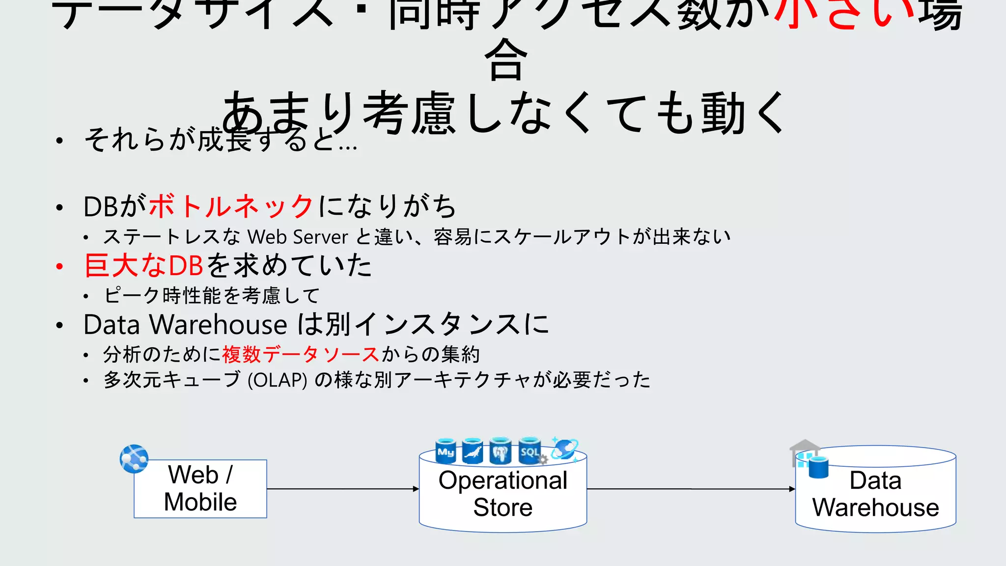 ボトルネック
• 巨大なDB
複数データソース
小さい
Web /
Mobile
Operational
Store
Data
Warehouse
 