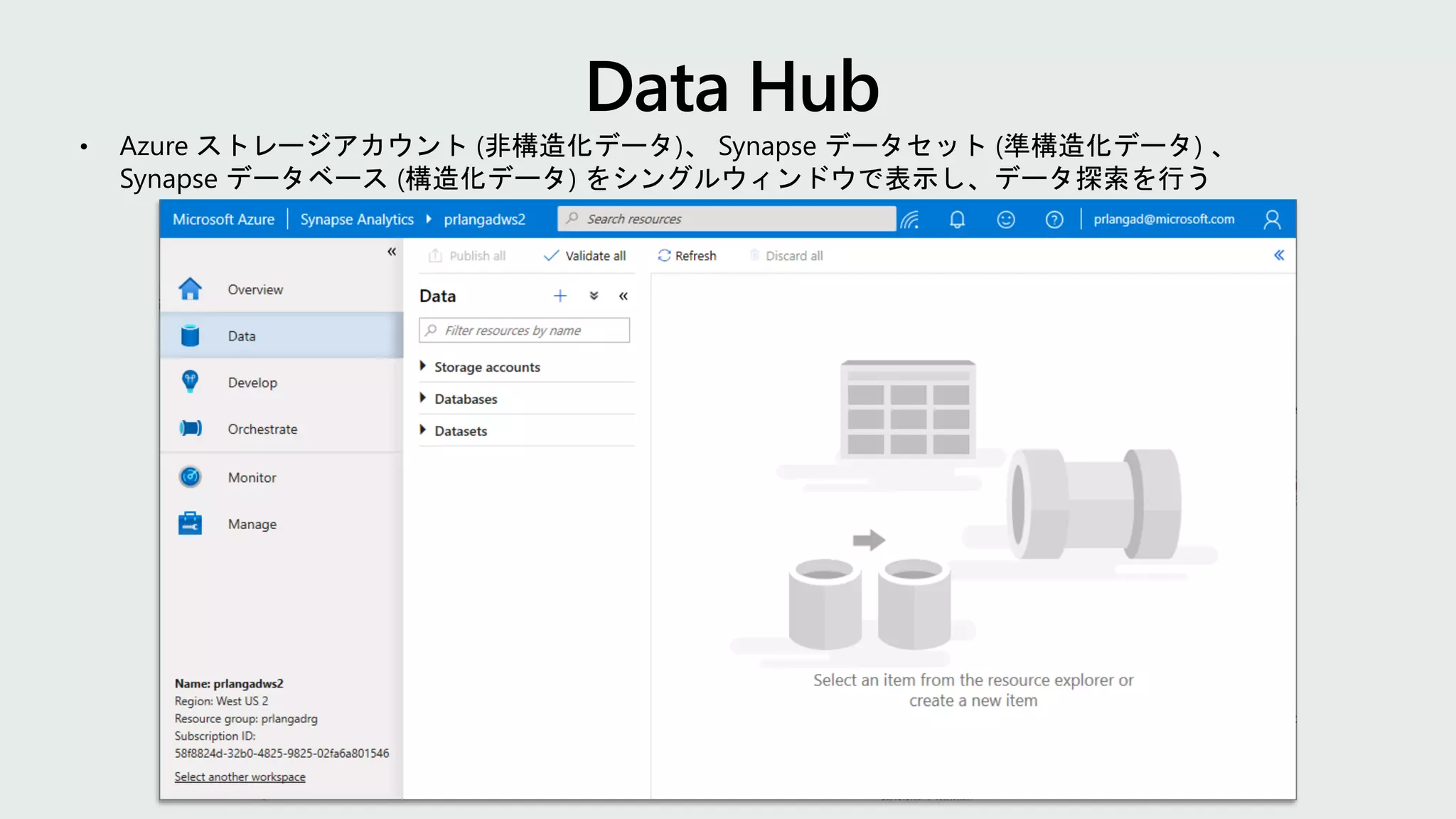 • Azure ストレージアカウント (非構造化データ)、 Synapse データセット (準構造化データ) 、
Synapse データベース (構造化データ) をシングルウィンドウで表示し、データ探索を行う
 