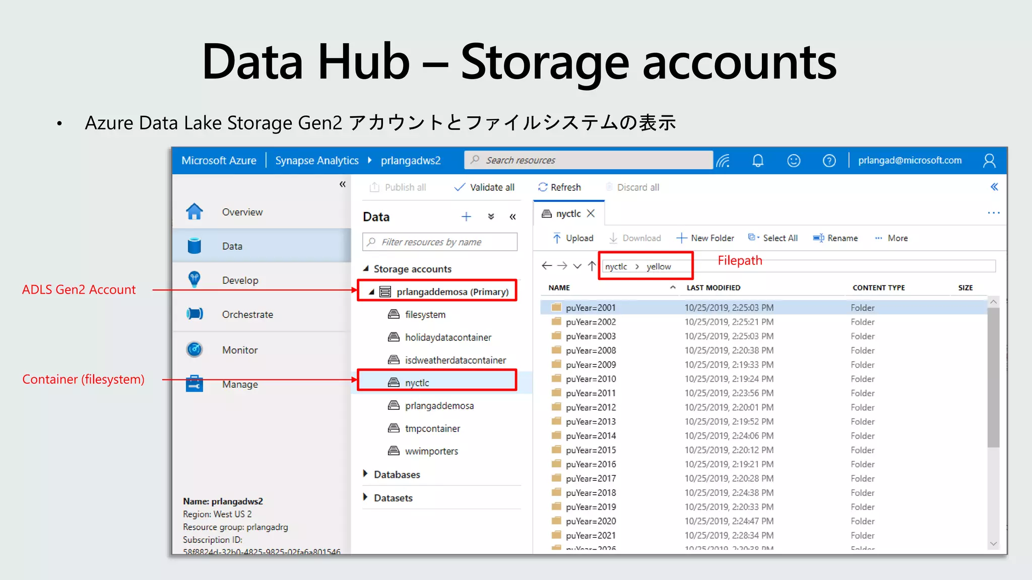 • Azure Data Lake Storage Gen2 アカウントとファイルシステムの表示
ADLS Gen2 Account
Container (filesystem)
Filepath
 