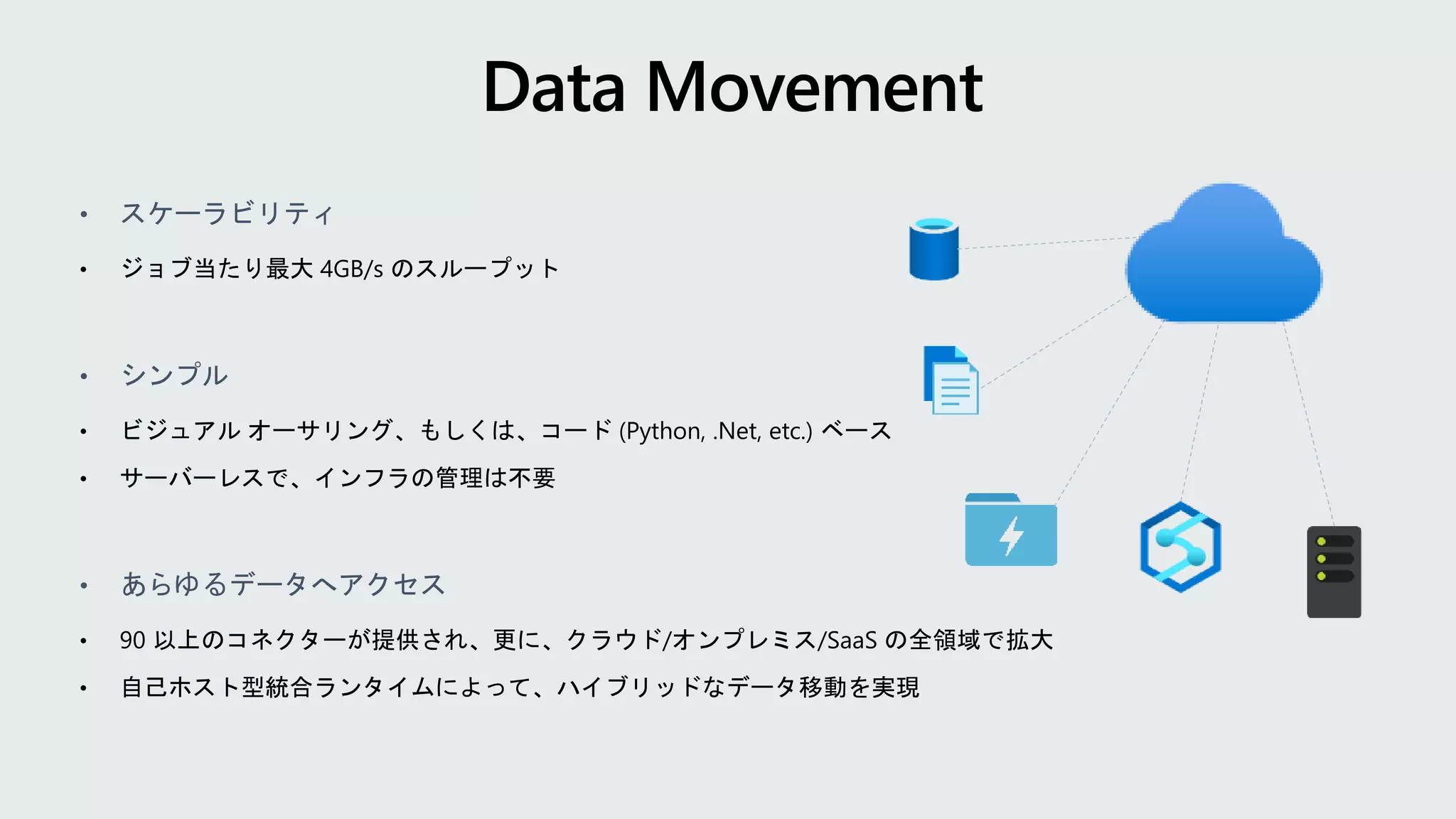 • スケーラビリティ
• ジョブ当たり最大 4GB/s のスループット
• シンプル
• ビジュアル オーサリング、もしくは、コード (Python, .Net, etc.) ベース
• サーバーレスで、インフラの管理は不要
• あらゆるデータへアクセス
• 90 以上のコネクターが提供され、更に、クラウド/オンプレミス/SaaS の全領域で拡大
• 自己ホスト型統合ランタイムによって、ハイブリッドなデータ移動を実現
 