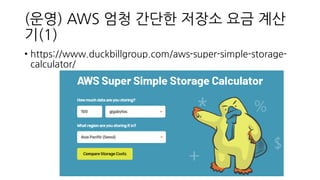 (운영) AWS 엄청 간단한 저장소 요금 계산
기(1)
• https://www.duckbillgroup.com/aws-super-simple-storage-
calculator/
 