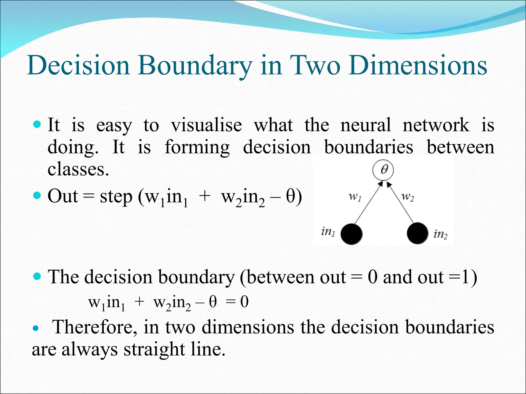 Decision Boundary in Two Dimensions
 It is easy to visualise what the neural network is
doing. It is forming decision boundaries between
classes.
 Out = step (w1in1 + w2in2 – θ)
 The decision boundary (between out = 0 and out =1)
w1in1 + w2in2 – θ = 0
 Therefore, in two dimensions the decision boundaries
are always straight line.
 