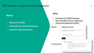 11
Before
• Wildcard in CORS
• Potential user email enumeration
• Imperfect password policy
After
• Fixed list of CORS domains
• Non-detailed server responses
• Advanced password policy
Waves Enterprise – Security Assessment: Web application
 