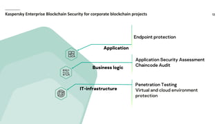 13Kaspersky Enterprise Blockchain Security for corporate blockchain projects
`
Penetration Testing
Virtual and cloud environment
protection
IT-infrastructure
Application Security Assessment
Chaincode Audit
Business logic
Endpoint protection
Application
 
