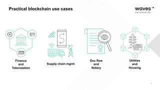 5
Supply chain mgmt
Finance
and
Tokenization
Utilities
and
Housing
Practical blockchain use cases
Doc flow
and
Notary
 