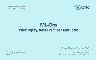ML-Ops
Philosophy, Best-Practices and Tools
Jorge Davila-Chacon, PhD
Co-founder and CTO
Heldenkombinat Technologies GmbH
HELDENKOMBINAT
MACHINE LEARNING
ARIC Brown-Bag Sessions
28.04.2020
 