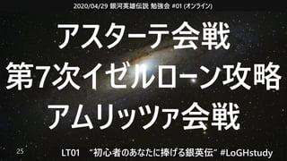 2020/04/29 銀河英雄伝説 勉強会 #01 (オンライン)
LT01　“初心者のあなたに捧げる銀英伝” #LoGHstudy25
アスターテ会戦
第7次イゼルローン攻略
アムリッツァ会戦
 