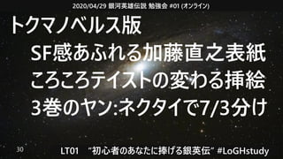 2020/04/29 銀河英雄伝説 勉強会 #01 (オンライン)
LT01　“初心者のあなたに捧げる銀英伝” #LoGHstudy30
トクマノベルス版
　SF感あふれる加藤直之表紙
　ころころテイストの変わる挿絵
　3巻のヤン:ネクタイで7/3分け
 