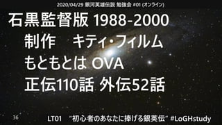 2020/04/29 銀河英雄伝説 勉強会 #01 (オンライン)
LT01　“初心者のあなたに捧げる銀英伝” #LoGHstudy36
石黒監督版 1988-2000
　制作　キティ・フィルム
　もともとは OVA
　正伝110話 外伝52話
 