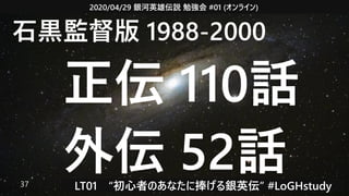 2020/04/29 銀河英雄伝説 勉強会 #01 (オンライン)
LT01　“初心者のあなたに捧げる銀英伝” #LoGHstudy37
石黒監督版 1988-2000
　正伝 110話
　外伝 52話
 