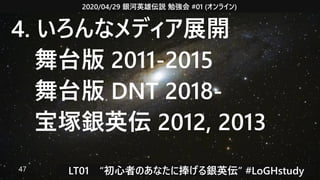 2020/04/29 銀河英雄伝説 勉強会 #01 (オンライン)
LT01　“初心者のあなたに捧げる銀英伝” #LoGHstudy47
4. いろんなメディア展開
　舞台版 2011-2015
　舞台版 DNT 2018-
　宝塚銀英伝 2012, 2013
 