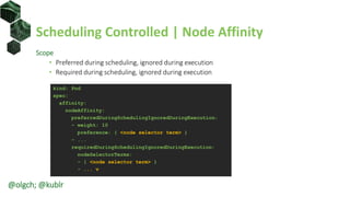 Scheduling Controlled | Node Affinity
Scope
• Preferred during scheduling, ignored during execution
• Required during scheduling, ignored during execution
kind: Pod
spec:
affinity:
nodeAffinity:
preferredDuringSchedulingIgnoredDuringExecution:
- weight: 10
preference: { <node selector term> }
- ...
requiredDuringSchedulingIgnoredDuringExecution:
nodeSelectorTerms:
- { <node selector term> }
- ... v
@olgch; @kublr
 