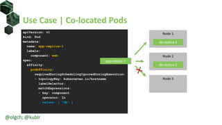Use Case | Co-located Pods
apiVersion: v1
kind: Pod
metadata:
name: app-replica-1
labels:
component: web
spec:
affinity:
podAffinity:
requiredDuringSchedulingIgnoredDuringExecution:
- topologyKey: kubernetes.io/hostname
labelSelector:
matchExpressions:
- key: component
operator: In
values: [ "db" ]
Node 2
db-replica-2
Node 1
Node 3
db-replica-1
app-replica-1
@olgch; @kublr
 