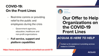 COVID-19:
On the Front Lines
- Real-time comms or providing
relief to the public and
employees during the crisis
- Government agencies,
education, healthcare and
non-proﬁt organizations
- Full service, support and
platform capabilities
https://www.acquia.com/about-us/contact-us-covid-19
 