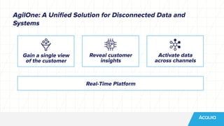 AgilOne: A Uniﬁed Solution for Disconnected Data and
Systems
Gain a single view
of the customer
Reveal customer
insights
Activate data
across channels
Real-Time Platform
 