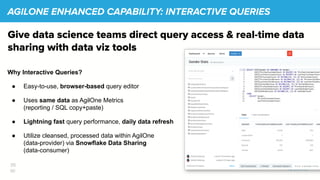 35
￼
AGILONE ENHANCED CAPABILITY: INTERACTIVE QUERIES
Give data science teams direct query access & real-time data
sharing with data viz tools
Why Interactive Queries?
● Easy-to-use, browser-based query editor
● Uses same data as AgilOne Metrics
(reporting / SQL copy+paste)
● Lightning fast query performance, daily data refresh
● Utilize cleansed, processed data within AgilOne
(data-provider) via Snowflake Data Sharing
(data-consumer)
 