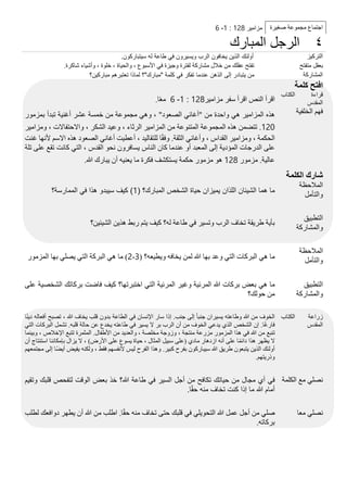 ‫مزامير‬128:1-6 ‫ا‬‫جتماع‬‫مجموعة‬‫صغيرة‬
‫الرجل‬‫المبارك‬ ٤
‫أولئك‬‫الذين‬‫يخافون‬‫الرب‬‫ويسيرون‬‫في‬‫طاعة‬‫له‬‫سيتباركون‬. ‫التركيز‬
‫تفتح‬‫عقلك‬‫من‬‫خالل‬‫مشاركة‬‫لفترة‬‫وجيزة‬‫في‬‫األسبوع‬،‫والحياة‬،‫خلوة‬،‫وأشياء‬‫شاكرة‬. ‫بعقل‬‫متفتح‬
‫من‬‫يتبادر‬‫إلى‬‫الذهن‬‫عندما‬‫تفكر‬‫في‬‫كلمة‬"‫مبارك‬"‫؟‬‫لماذا‬‫تعتبرهم‬‫مباركين؟‬ ‫المشاركة‬
‫افتح‬‫كلمة‬
‫اقرأ‬‫النص‬‫اقرأ‬‫سفر‬‫مزامير‬128:1-6‫ا‬ً‫ع‬‫م‬.
‫ق‬‫راءة‬‫الكتاب‬
‫المقدس‬
‫هذه‬‫المزامير‬‫هي‬‫واحدة‬‫من‬"‫أغاني‬‫الصعود‬"،‫وهي‬‫مجموعة‬‫من‬‫خمسة‬‫عشر‬‫أغنية‬‫تبدأ‬‫بمزمور‬
120.‫تتضمن‬‫هذه‬‫المجموعة‬‫المتنوعة‬‫من‬‫المزامير‬‫الرثاء‬،‫وعيد‬‫الشكر‬،‫واالحتفاالت‬،‫ومزامير‬
‫الحكمة‬،‫ومزامير‬‫القداس‬،‫وأغاني‬‫الثقة‬.‫ا‬ً‫ق‬‫وف‬‫للتقاليد‬،‫أعطيت‬‫أغاني‬‫الصعود‬‫هذه‬‫االسم‬‫ألنها‬‫غنت‬
‫على‬‫الدرجات‬‫المؤدية‬‫إلى‬‫المعبد‬‫أو‬‫عندما‬‫كان‬‫الناس‬‫يسافرون‬‫نحو‬‫القدس‬،‫التي‬‫كانت‬‫تقع‬‫على‬‫تلة‬
‫عالية‬.‫مزمور‬128‫هو‬‫مزمور‬‫حكمة‬‫يستكشف‬‫فكرة‬‫ما‬‫يعنيه‬‫أن‬‫يبارك‬‫هللا‬.
‫فهم‬‫الخلفية‬
‫شارك‬‫الكلمة‬
‫ما‬‫هما‬‫الشيئان‬‫اللذان‬‫يميزان‬‫حياة‬‫الشخص‬‫المبارك؟‬(1)‫كيف‬‫سيبدو‬‫هذا‬‫في‬‫الممارسة؟‬
‫المالحظة‬
‫والتأمل‬
‫بأية‬‫طريقة‬‫تخاف‬‫الرب‬‫وتسير‬‫في‬‫طاعة‬‫له؟‬‫كيف‬‫يتم‬‫ربط‬‫هذين‬‫الشيئين؟‬
‫التطبيق‬
‫والمشاركة‬
‫ما‬‫هي‬‫البركات‬‫التي‬‫وعد‬‫بها‬‫هللا‬‫لمن‬‫يخافه‬‫ويطيعه؟‬(2-3)‫ما‬‫هي‬‫البركة‬‫التي‬‫يصلي‬‫بها‬‫المزمور‬
‫المالحظة‬
‫والتأمل‬
‫ما‬‫هي‬‫بعض‬‫بركات‬‫هللا‬‫المرئية‬‫وغير‬‫المرئية‬‫التي‬‫اختبرتها؟‬‫كيف‬‫فاضت‬‫بركاتك‬‫الشخصية‬‫على‬
‫من‬‫حولك؟‬
‫التطبيق‬
‫والمشاركة‬
‫الخوف‬‫من‬‫هللا‬‫وطاعته‬‫يسيران‬ً‫ا‬‫جنب‬‫إلى‬‫جنب‬.‫إذا‬‫سار‬‫اإلنسان‬‫في‬‫الطاعة‬‫بدون‬‫قلب‬‫يخاف‬‫هللا‬،‫تصبح‬‫أفعاله‬‫ا‬ً‫ن‬‫دي‬
‫ا‬ً‫غ‬‫فار‬.‫إن‬‫الشخص‬‫الذي‬‫يدعي‬‫الخوف‬‫من‬‫أن‬‫الرب‬‫بر‬‫ال‬‫يسير‬‫في‬‫طاعته‬‫يخدع‬‫عن‬‫حالة‬‫قلبه‬.‫تشمل‬‫البركات‬‫التي‬
‫تنبع‬‫من‬‫هللا‬‫في‬‫هذا‬‫المزمور‬‫مزرعة‬‫منتجة‬،‫وزوجة‬‫مخلصة‬،‫والعديد‬‫من‬‫األطفال‬.‫المثمرة‬‫تتبع‬‫اإلخالص‬،‫وبينما‬
‫ال‬‫يظهر‬‫هذا‬‫ا‬ً‫م‬‫دائ‬‫على‬‫أنه‬‫ازدهار‬‫مادي‬(‫على‬‫سبيل‬‫المثال‬،‫حياة‬‫يسوع‬‫على‬‫األرض‬)،‫ال‬‫يزال‬‫بإمكاننا‬‫استنتاج‬‫أن‬
‫أولئك‬‫الذين‬‫يتبعون‬‫طريق‬‫هللا‬‫سيباركون‬‫بفرح‬‫كبير‬.‫وهذا‬‫الفرح‬‫ليس‬‫ألنفسهم‬‫فقط‬،‫ولكنه‬‫يفيض‬‫ًا‬‫ض‬‫أي‬‫إلى‬‫مجتمعهم‬
‫وذريتهم‬.
‫زراعة‬‫الكتاب‬
‫المقدس‬
‫في‬‫أي‬‫مجال‬‫من‬‫حياتك‬‫تكافح‬‫من‬‫أجل‬‫السير‬‫في‬‫طاعة‬‫هللا؟‬‫خذ‬‫بعض‬‫الوقت‬‫لتفحص‬‫قلبك‬‫وتقيم‬
‫أمام‬‫هللا‬‫ما‬‫إذا‬‫كنت‬‫تخاف‬‫منه‬‫ا‬ً‫ق‬‫ح‬.
‫نصلي‬‫مع‬‫الكلمة‬
‫صلي‬‫من‬‫أجل‬‫عمل‬‫هللا‬‫التحويلي‬‫في‬‫قلبك‬‫حتى‬‫تخاف‬‫منه‬‫ا‬ً‫ق‬‫ح‬.‫اطلب‬‫من‬‫هللا‬‫أن‬‫يطهر‬‫دوافعك‬‫لطلب‬
‫بركاته‬.
‫نصلي‬‫معا‬
 