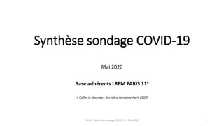 Synthèse sondage COVID-19
Mai 2020
Base adhérents LREM PARIS 11e
> Collecte données dernière semaine Avril 2020
LREM - Synthèse sondage COVID 19 - Mai 2020 1
 