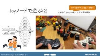 https://ros.xrea.jp/瀬戸内ROS勉強会2020/05/01 ROS Japan UG #36 LT大会 online https://ros.xrea.jp/
Joyノードで遊ぶ(2) すかさず、joy nodeを２つにして平和解決！
ROSで救われた”優しい世界”
 