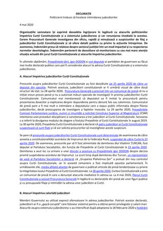 DECLARAȚIE
Politicienii trebuie să înceteze intimidarea judecătorilor
4 mai 2020
Organizațiile semnatare își exprimă deose...