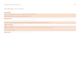 INTERACTIVE MIDEA DESIGN Ⅰ
APP DIRECTION
NANAL
중간 평가 feedback
교수님 피드백
사용자로 하여금 설정해야하는 값이 너무 많으니 그 과정을 줄여주는 '디폴트 값'이 필요하다.
죽음과 연관된 어플리케이션이라는 점을 더욱 명확하게 보여줄 수 있어야한다.
어플 홈 화면에서 하루하루를 살아가며 체크하는 감정들이 나의 죽음과 삶에 어떻게 영향을 미치고 있는지가 시각적으로 바로 보이게 하거나, 그것이 두드러지게 나올 수 있도록.
사용자 성향 - 적극적 / 수동적. 나는 적극적 사람/ 수동적 사람만 대상으로 할거다 정할 수는 있음.
그런 부분이 보이지 않았기 때문에! 어떤 특징으로 가져갈 수 있을지 . 특징들 자동화 되거나 디폴트로 뭔가 설정하거나, 고치게 하거나.
보통 사용자들이 제일 싫어하는게 맨 처음부터 시키는거.
따로 잠자는 시간, 아침의 시간 -
삶의 태도의 변화를 유도한다라고 얘기했는데 그 부분에 대해서 직접 푸시할건지 서서히 깨달아가면서 뭔가 하게 할건지에 대한 고민이 필요하다.
리마인드를 보여주는 장치 활용.
사용자의 성향을 어떻게 설정해주느냐에 따라 사용자가 더 마이너해질 수도 있다.
죽음과의 연관성
디폴트 값의 필요성
기록 리마인드
 