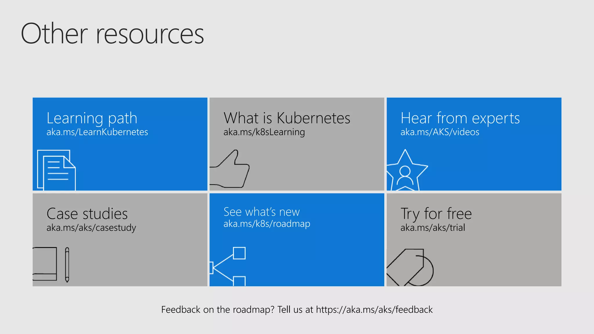 Feedback on the roadmap? Tell us at https://aka.ms/aks/feedback
Learning path
aka.ms/LearnKubernetes
What is Kubernetes
aka.ms/k8sLearning
Hear from experts
aka.ms/AKS/videos
Case studies
aka.ms/aks/casestudy
See what’s new
aka.ms/k8s/roadmap
Try for free
aka.ms/aks/trial
 