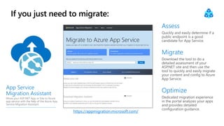 App Service
Migration Assistant
Move your ASP.NET App or Site to Azure
app service with the help of the Azure App
Service Migration Assistant.
https://appmigration.microsoft.com/
Assess
Migrate
Optimize
 